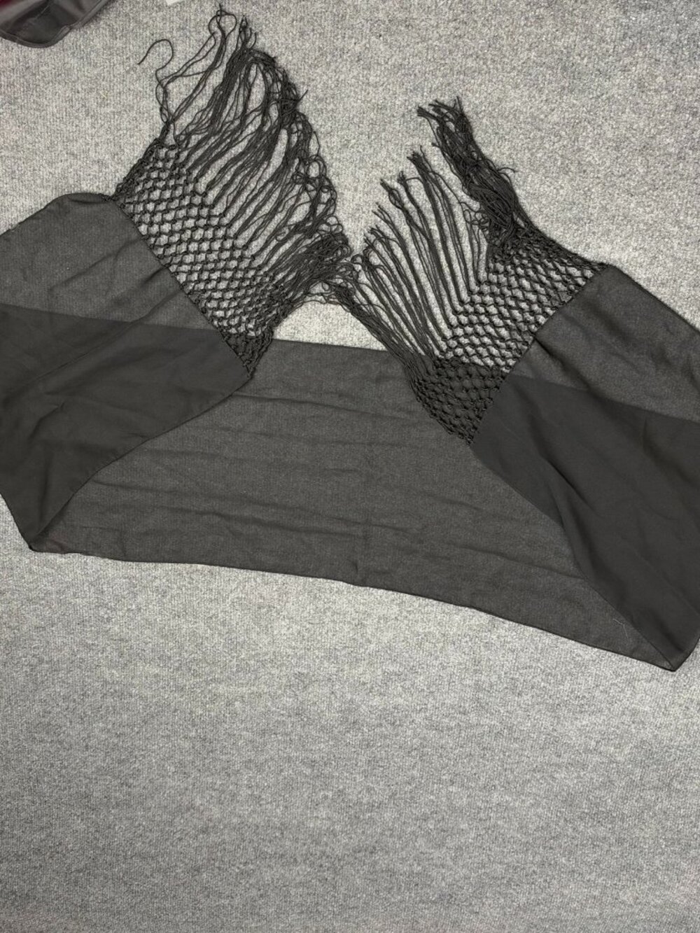 Black Sheer Chiffon Scarf Macrame Mesh Fringe Boho Shawl Wrap 16.5x32 INC